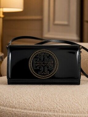 Tory Burch Blue Patent Crossbody Bag with Studded Medallion